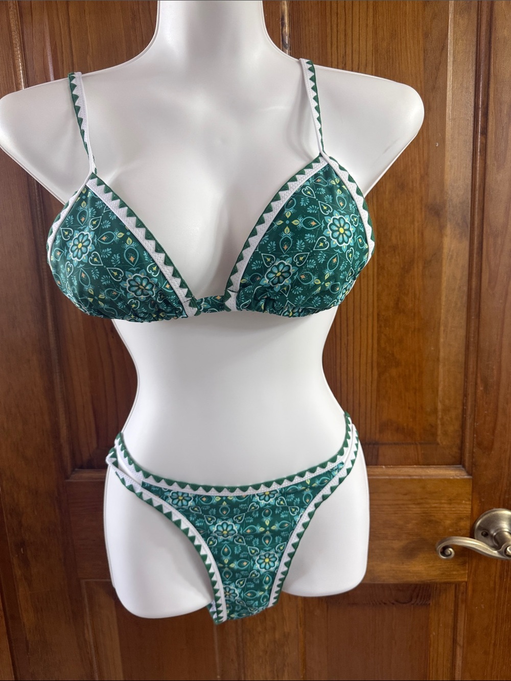 SHEIN Green Floral Triangle Bikini Set with White Trim